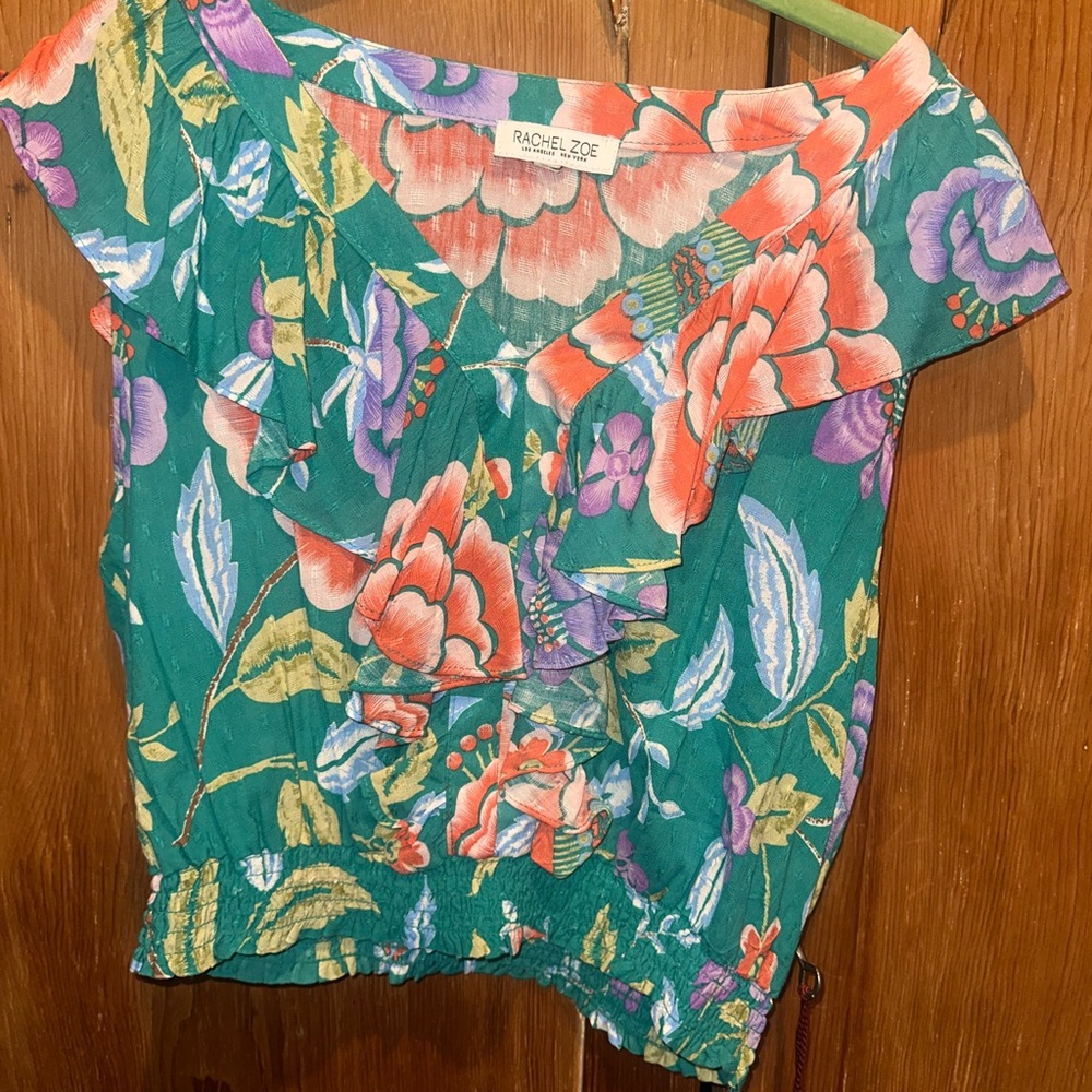 Rachel Zoe Teal Floral Ruffle Blouse with Coral & Purple Accents